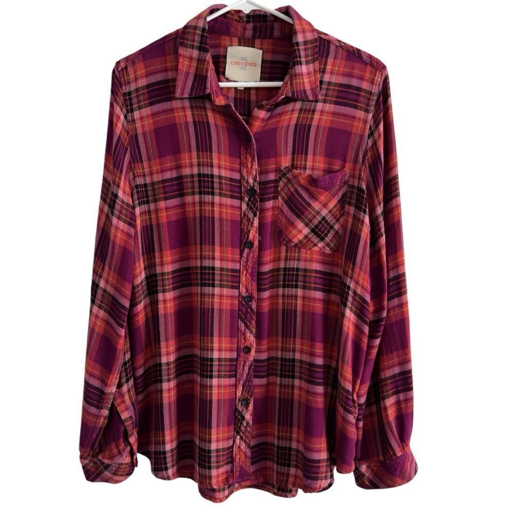 Casa Cabana Button‎ Front Plaid Top Blouse Long Sleeve Rayon Soft! Women’s L